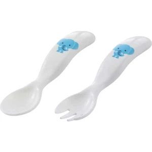 Eğitici Ergonomik Bebek Mama Kaşık Çatal Seti, Fil Desenli, Beyaz