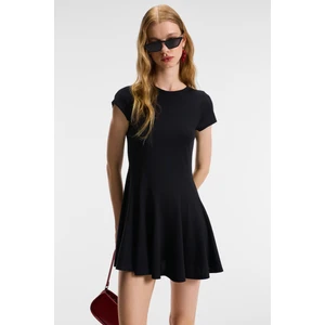 Nurva Kadın Bisiklet Yaka Cap Kol Beli Kesikli Mini Siyah Elbise