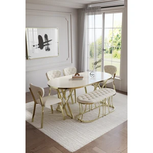 By Orhan Güzel Mutfak Masa Sandalye Takımı 80-140 ELMA AVANGARDE  Gold Benchli 6 Kişilik Mutfak Masası Takımı