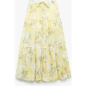 Astarlı Yırtmaç Detaylı Katlı Midi Çan Kesim Kloş Çiçekli Etek