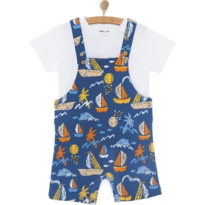 Hellobaby Erkek Bebek Basic Şort Salopet-Tişört 2li Takım Bisiklet Yaka Reçme Paça Kısa Kol Mavi