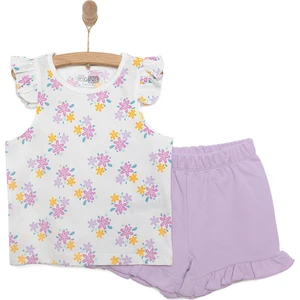 Hellobaby Kız Bebek Basic Tişört-Şort 2li Takım Çiçek Desenli Bisiklet Yaka Reçme Paça Atlet Kol Karışık Renkli