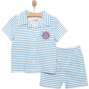 Hellobaby Erkek Bebek Pijama Takımı Çizgili Gömlek Yaka Reçme Paça Kısa Kol Açık Mavi 6 Ay