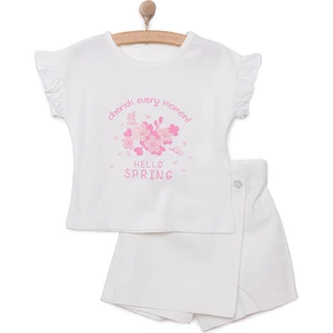 Hellobaby Kız Bebek Bluz-Etek 2li Takım Cherry Line Bisiklet Yaka Reçme Paça Kısa Kol Ekru