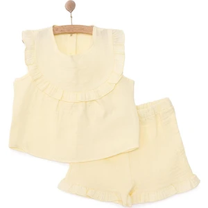 Hellobaby Kız Bebek Bluz-Şort 2li Takım Müslin Bisiklet Yaka Reçme Paça Atlet Kol Sarı
