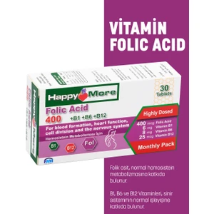 HappyMore Folik Asit ve B Grubu Vitaminler İçeren 30 Tablet Takviye Edici Gıda