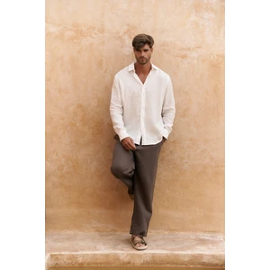 Agnola Oversize Erkek Ekru Keten Gömlek