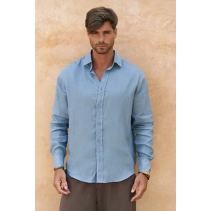 Agnola Oversize Erkek Mavi Keten Gömlek