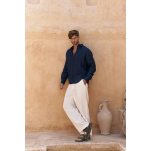 Agnola Oversize Erkek Lacivert Keten Gömlek