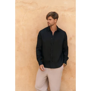 Agnola Oversize Erkek Siyah Keten Gömlek