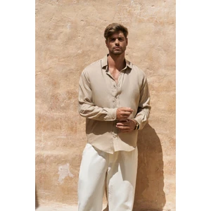 Agnola Oversize Erkek Bej Keten Gömlek