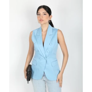 Kadın Mavi Düğme Detaylı Blazer Yelek