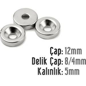 Neodyum Mıknatıs Yuvarlak Havşalı Çap 12MM (Delik 8/4mm) Kalınlık 5mm (3 Adet)