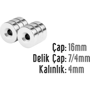 Neodyum Mıknatıs Yuvarlak Havşalı Çap 16MM (Delik 7/4mm) Kalınlık 4mm 3 Adet