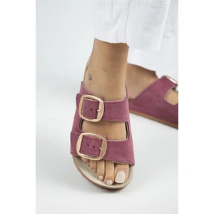 Irene Kadın Hakiki Deri Çift Tokalı Vişne Terlik