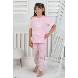 %100 Pamuk Gökkuşağı Desenli Kısa Kollu Manşetli Paça Kız Çocuk Pijama Takımı 3-8 Yaş