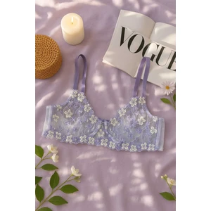 Lila Çiçek Işlemeli Transparan Dantel Sütyen & String Takım