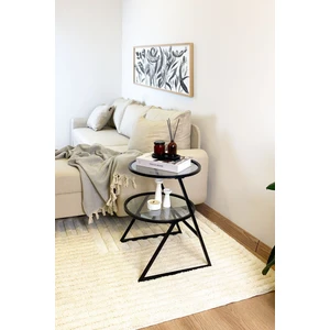 Valencia Yan Sehpa - Siyah Metal Şeffaf Camlı Çok Amaçlı Koltuk Sehpası Zigon Sehpa Servis Sehpası