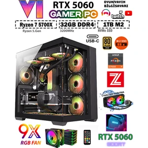 GTA-VI X32 Black ✔ Ryzen 7 5700X 32GB Ram 1TB M.2 Nvme SSD 8GB GDDR7 RTX5060 Ekran Kartı Premium Masaüstü Bilgisayar