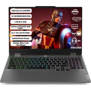 Loq 15IAX9 GTI132 Intel Core I5 12450HX 32GB 1tb SSD RTX4060 Freedos 15.6'' Fhd Taşınabilir Bilgisayar 83GS007XTR+321