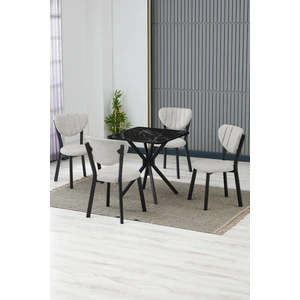 Elma Modeli Kare Mutfak Masa Sandalye Takımı 4 Sandalye 1 Siyah Mermer Desen Masa 70X70 Keten Kumaş