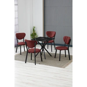Elma Modeli Kare Mutfak Masa Sandalye Takımı 4 Sandalye 1 Siyah Mermer Desen Masa 70X70 Keten Kumaş