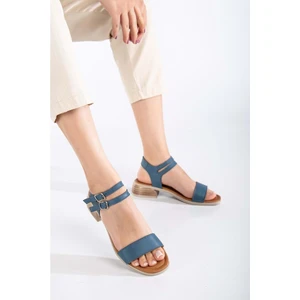 Kadın Hakiki Deri Bantlı Alçak Topuklu Sandalet - Kot Mavi