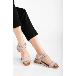 Kadın Hakiki Deri Bantlı Alçak Topuklu Sandalet - Silvergrey
