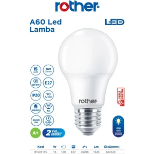 ROTHER RTL01115  A60 LED Ampul 15W E27 1520 Lümen 4000K Gün Işığı - Enerji Tasarruflu Ampul