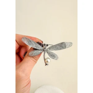 Gümüş Rengi Inci Taş Detay Yusufçuk Broş (7cm)