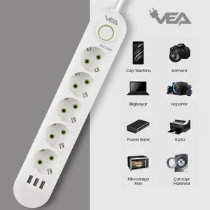 5'li 1.5 Metre Kablolu 3 Usb'li Akım Korumalı Priz Bakır Kablo Harici Güç Anahtarı