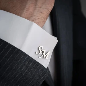 Gümüş Kaplama 2 Harfli Kol Düğmesi Damat Hediyesi Düğün Nişan Kişiye Özel