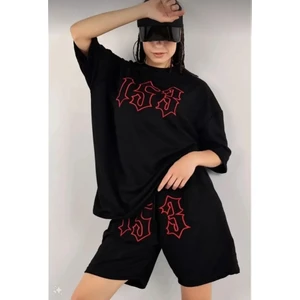 Unisex Nakış Işlemeli Şort Takım - Siyah