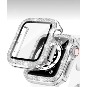 Apple Watch Series 7-8-9 41MM Uyumlu Zarif Elmas Taşlı Şeffaf Kasa ve Ekran Koruyucu Kılıf