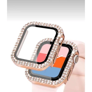 Apple Watch Series 10 46MM Uyumlu Zarif Elmas Taşlı Rose Gold Kasa ve Ekran Koruyucu Kılıf