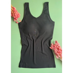 Modal Kumaş | V Yaka Siyah Renk Pedli Ribana Kadın T-Shirt-Atlet