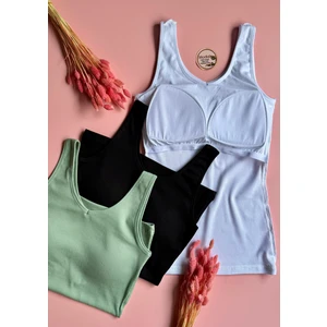 Modal Kumaş 3'lü | V Yaka - Çağla Yeşili, Siyah ve Beyaz - Pedli Ribana Kadın T-Shirt-Atlet