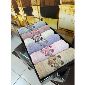 %100 Pamuklu Jakarlı 3D Nakışlı 6 Renk Çeyizlik Lüx El ve Yüz Havlusu Kutulu Set