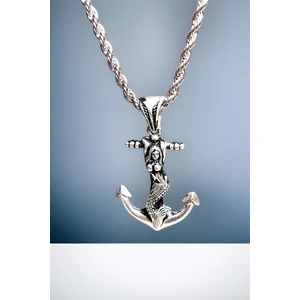 Gümüş Kaplama Krom-Çelik Madalyon Çıpa Deniz Kızı Erkek Kolye