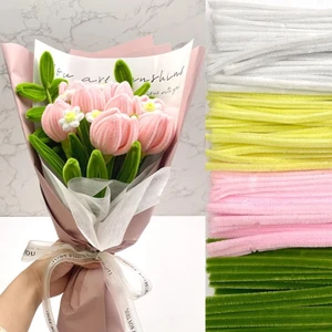 100 Adet Sarı, Pembe, Beyaz, Koyu Yeşil Renkli Şönil , Çiçek Yapım Seti, Tüylü Tel, 30 Cm, Peluş Tel