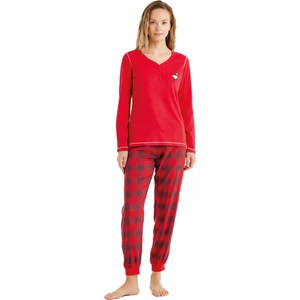 Kadın Uzun Kol Kırmızı %100 Pamuk Pijama Takım C3T2N6O15