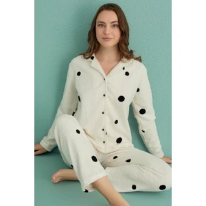 Kadın Uzun Kol Önden Düğmeli Buklet Ekru Pijama Takım C1T1N4O01-1