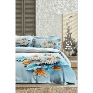 %100 Pamuk Ranforce Çeyizlik Luxury 5d Dijital Çift Kişilik Nevresim Takımı Mavi Papatya
