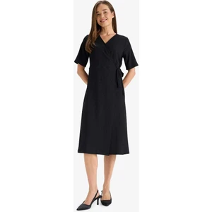 Regular Fit V Yaka Kruvaze Kapama Kısa Kollu Midi Siyah Yazlık Elbise F3913AX25HS