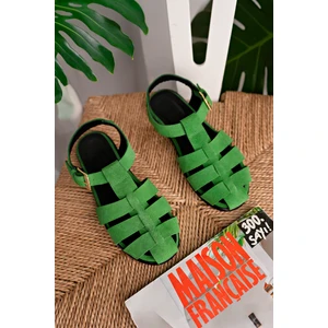 London Model Hakiki Deri Yeşil Süet Bantlı Tokalı Kadın Günlük Sandalet