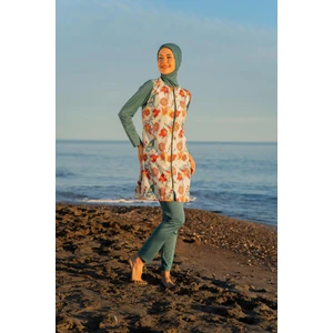 Kadın Paraşüt Kumaş Fermuarlı Petrol Renkli Çiçek Desenli Tam Tesettür Mayo C1T5N4O2-6