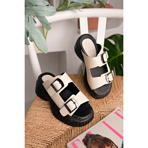 Pera Model Hakiki Deri Krem Tokalı Kalın Tabanlı Günlük Kadın Terlik