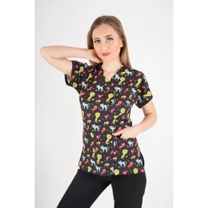 Nur Medikal Giyim Unisex Cool Cats Club Desenli Doktor Hemşire Hastane Aşçı Mutfak Scrubs Tek Üst Üniforma