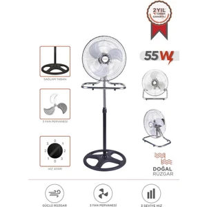 Sf-03 Gümüş Ayarlanabilir 18'' Inc Ayaklı 55W 3 Kademe 3 Pervaneli Vantilatör Fan