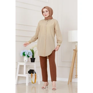 Göğüsü Taş Detaylı Oversize Tunik-Bej